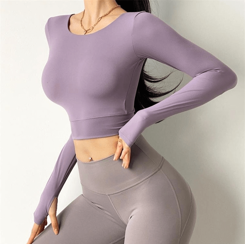 Sporty Elastic Cropped Women's Top with Long Sleeves and Open Back, Quick Dry, Moisture Wicking, Ideal for Fitness - SF1001